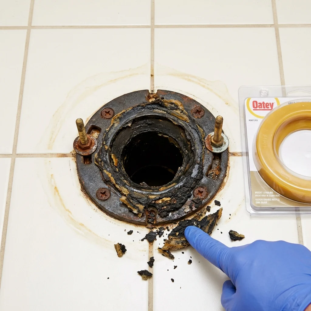 Failed wax ring showing water seepage at the base of a toilet in a Sterling, IL home