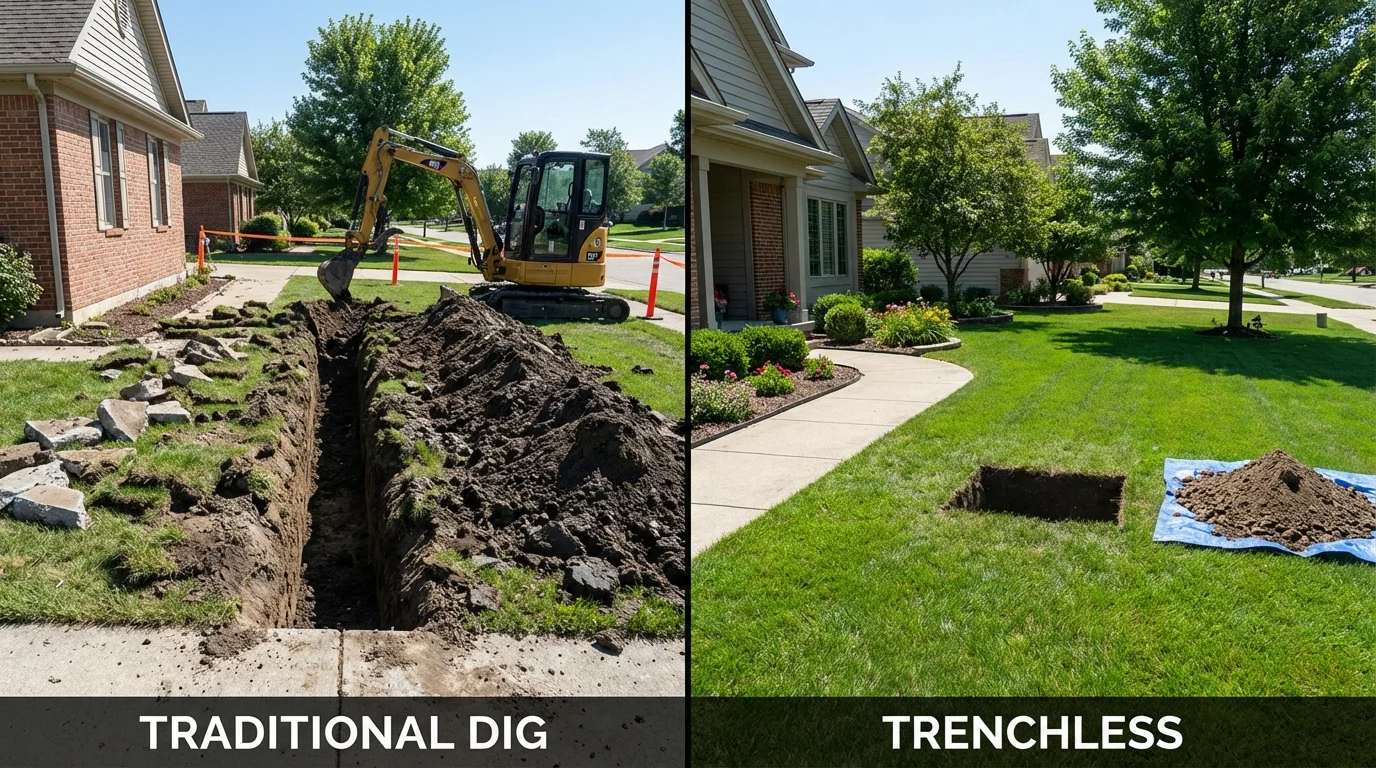 Trenchless sewer repair with minimal yard damage versus traditional excavation in Sterling, IL
