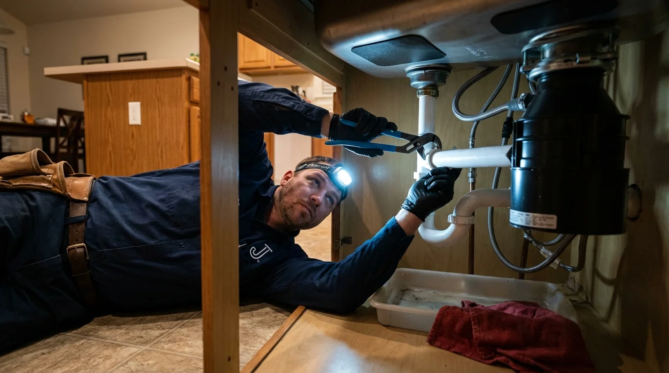 P-trap and supply line connections under a kitchen sink showing a common leak point in Sterling, IL